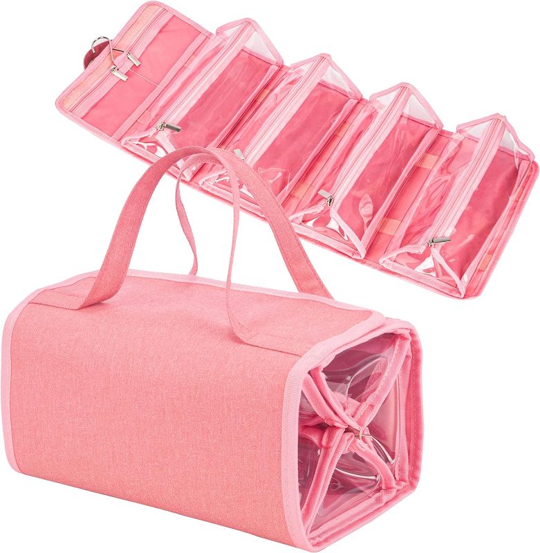 Photo 1 of Water Resistant 4 in 1 Hanging Roll Up Travel Toiletry Bag Makeup Cosmetic Storage Case Hair Beauty First Aid Kits Organizer Bag LOL Doll Toy Storage Case With 4 Removable PVC Zipper Pouch (Pink)