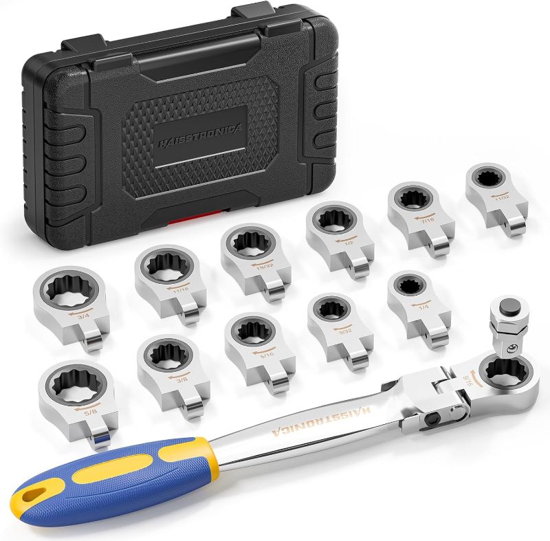 Photo 1 of haisstronica 13pcs Flex-Head Ratcheting Combination Wrench Set with 3/8 in Adapter, SAE 1/4-3/4 inch Ratchet Wrench Tool for Auto, Tools for Men Gift