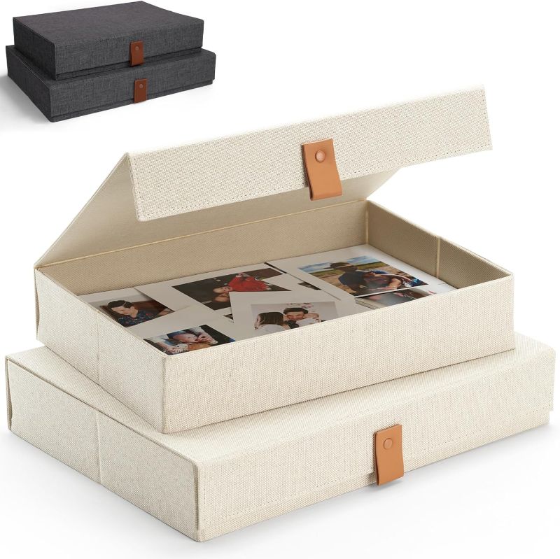 Photo 1 of Decorative Photo Storage Boxes with Lids - Set of 2 Beautiful Linen Organizers Are Perfect to Safely Store Your Pictures, Documents, Scrapbooking Supplies, Keepsakes and Other Memories in Style