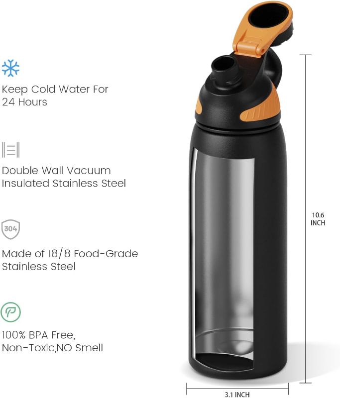 Photo 1 of Stainless Steel Insulated Sports Water Bottle 24oz, BPA-Free, Double-Wall Vacuum, Magnetic Cap, No Straw, Cup Brush Included - Ideal Thermos for School, Fitness, and Outdoor Activities.