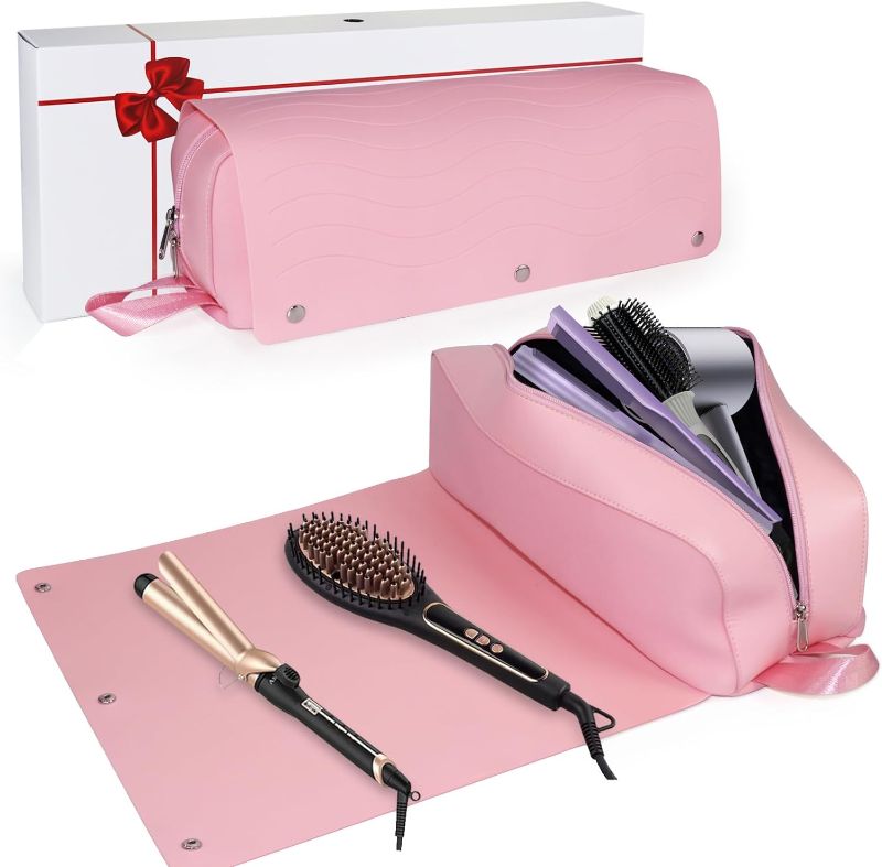 Photo 1 of Large Hair Tools Travel Bag with Silicone Heat Resistant Mat for Flat Irons,Curling Iron,Hair Dryer and Care Accessories,Portable 2 in 1 Hair Tool Organizer Travel Essentials for Women (Pink)