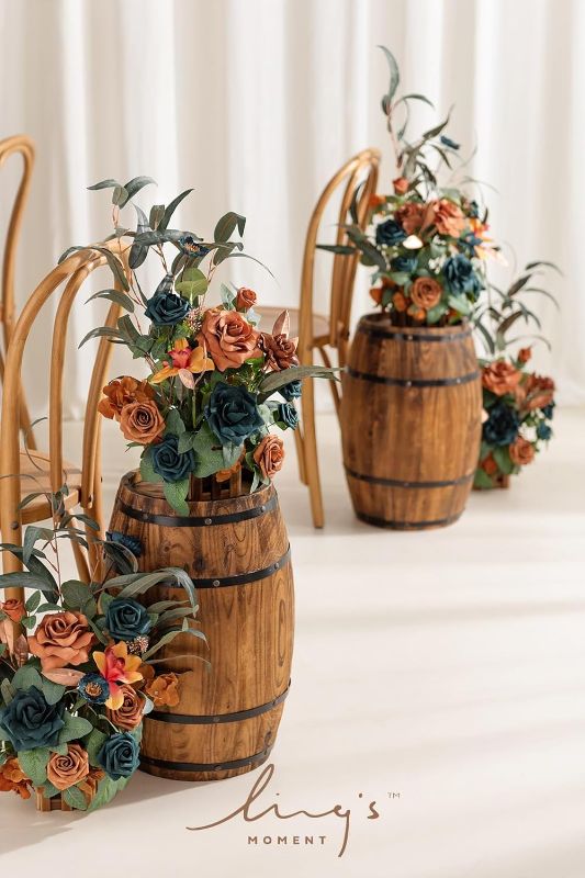 Photo 1 of all 4pcs Fall Wedding Free Standing Artificial Flowers Arrangements Aisle Runner Chair Decorations Teal Burnt Orange for Ceremony Reception Rose Floral Party Outdoor Centerpieces
