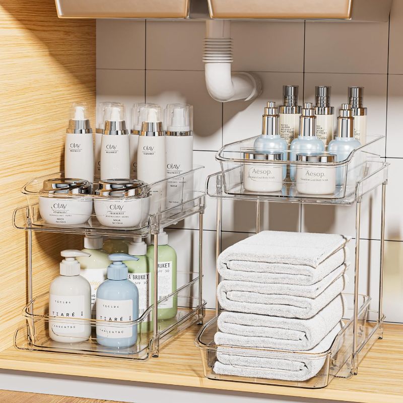 Photo 1 of Delamu 2 Sets of 2-Tier Clear Under Sink Organizers and Storage, Multi-Purpose Stackable Bathroom Cabinet organizers, Pull Out Kitchen Pantry Organization and Storage with Dividers