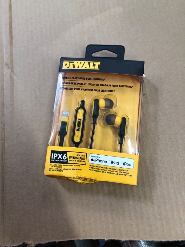 Photo 2 of DEWALT Earphones for Lightning — Apple Compatible Wired Headphones — Jobsite Water-Resistant Earphones for iPhone — Wired Headphones for iPhone