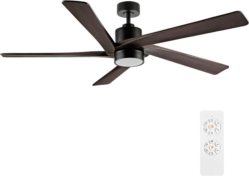 Photo 1 of WINGBO 54 Inch DC Ceiling Fan with Lights and Remote Control, 5 Reversible Carved Wood Blades, 6-Speed Noiseless DC Motor, Modern Ceiling Fan in Matte Black Finish with Walnut Blades, ETL Listed 54" DC ceiling fan with light Walnut