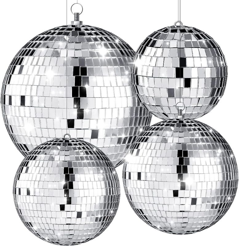 Photo 1 of 4 Pack Large Disco Ball Silver Hanging Disco Balls Reflective Mirror Ball Ornament for Party Holiday Wedding Dance and Music Festivals Decor Club Stage Props (12 Inch, 8 Inch, 6 Inch, 4 Inch)
