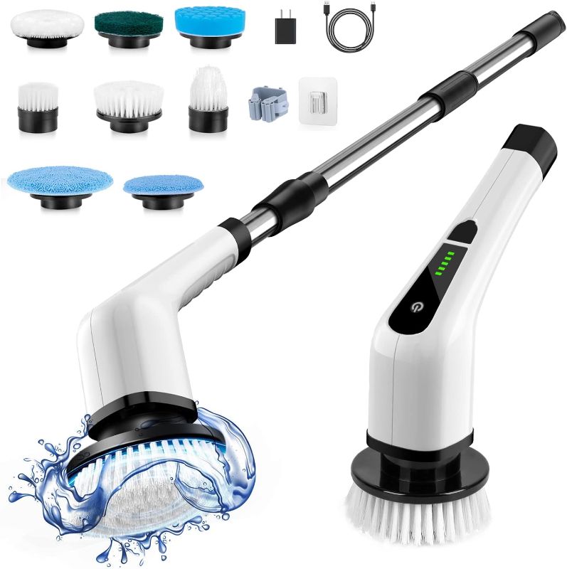 Photo 1 of Cordless Electric Spin Scrubber, Cleaning Brush Scrubber for Home, 400RPM/Mins-8 Replaceable Brush Heads-90Mins Work Time, 3 Adjustable Size, 2 Speeds for Bathroom Shower Bathtub Glass Car
