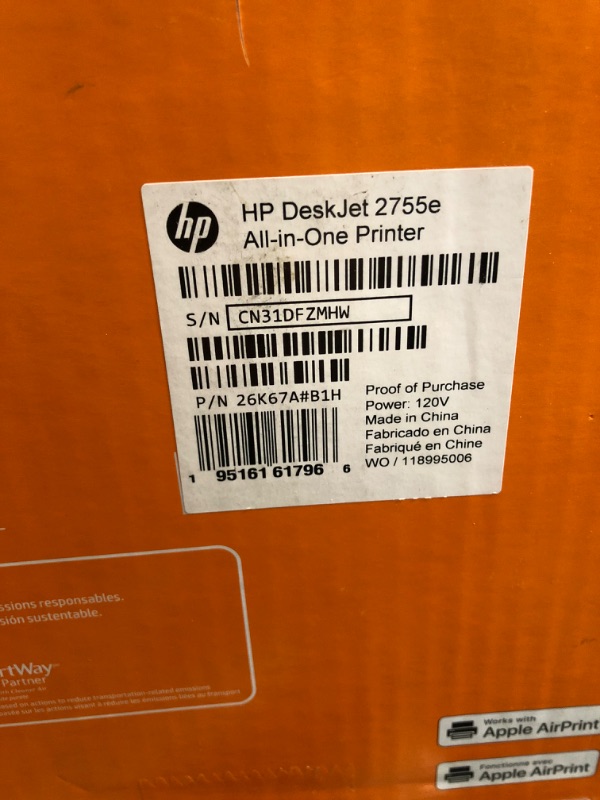 Photo 1 of HP DeskJet 2755e Wireless Color All-in-One Printer with bonus 6 months Instant Ink (26K67A), white (FACTORY SEALED)