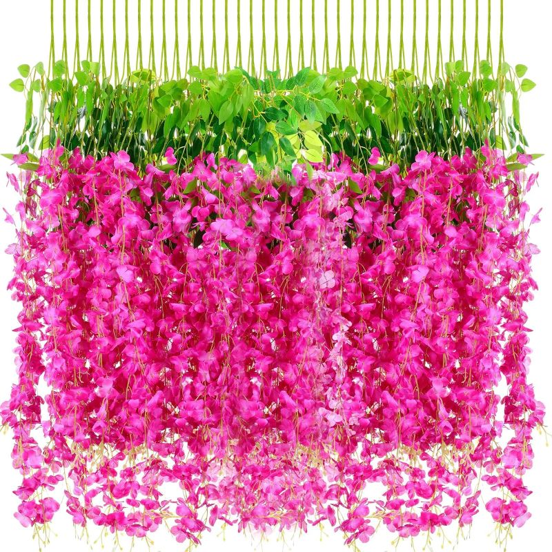Photo 1 of 108 Pack 43.2 in/ 3.6 ft Artificial Fake Wisteria Hanging Flowers Wisteria Faux Flowers Garland Silk Wisteria Vine Rattan Long Hanging Flowers String for Home Outdoor Wedding Party (Rose Red)
