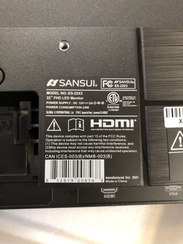 Photo 7 of SANSUI Monitor 22 Inch IPS 75Hz FHD 1080P HDMI VGA Ports Computer Monitor Ultra-Thin Tilt Adjustable VESA Mount Compatible with Eye Comfort 178° Wide Viewing Angle for Game and Office(ES-22X3) (USED, UNABLE TO TEST FULLY NUT TURNS ON)