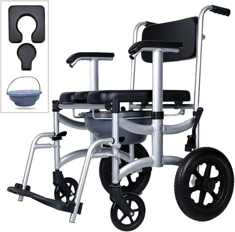 Photo 1 of MUUL-WHCH Mobile Shower Chair, 4-in-1 Toilet Commode Wheelchair with Brakes, Removable Pedal, Adjustable Armrest, PU Backrest Cushion and Pail 330lb
