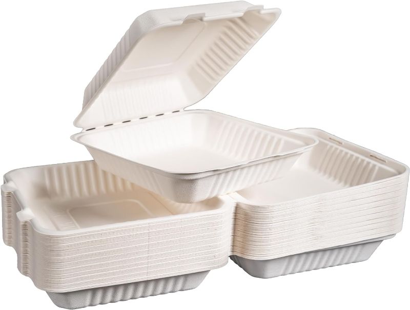 Photo 1 of 9x9 Compostable To Go Containers 1-Compartment|Biodegradable Clamshell Take Out Food Containers, PFAS-Free, White