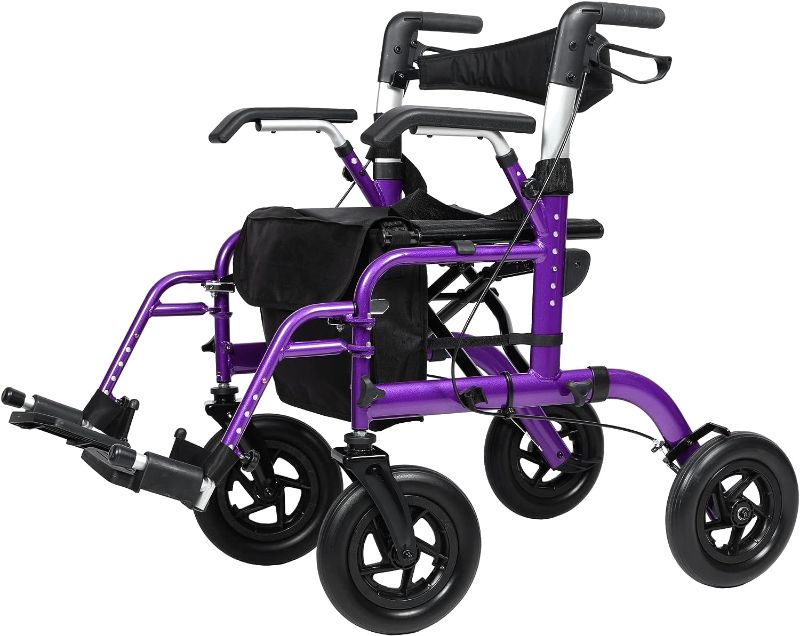 Photo 1 of ELENKER All-Terrain 2 in 1 Rollator Walker & Transport Chair, Folding Wheelchair with All 10” Wheels for Seniors, Reversible Backrest & Detachable Footrests, Purple
