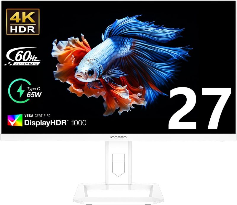 Photo 1 of INNOCN 27" Mini LED 4K Monitor, HDR1000, 99% DCI-P3 99% sRGB, 1.07B Colors, IPS, USB-C, HDMI 2.1, DP, Speakers, Auto Brightness, Height Adjustable, Mountable, White
