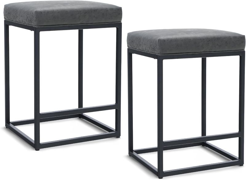 Photo 1 of ALPHA HOME 24 Inch Counter Height Bar Stools Set of 2, Upholstered Bar Stools for Kitchen Island, Counter Stools with Faux Leather Cushion and Sturdy Metal Frame, Modern Barstools, Grey
