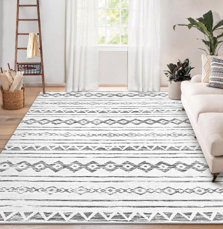 Photo 1 of Area Rug Living Room Carpet: 8x10 Large Moroccan Soft Fluffy Geometric Washable Bedroom Rugs Dining Room Home Office Nursery Low Pile Decor Under Kitchen Table Grey
