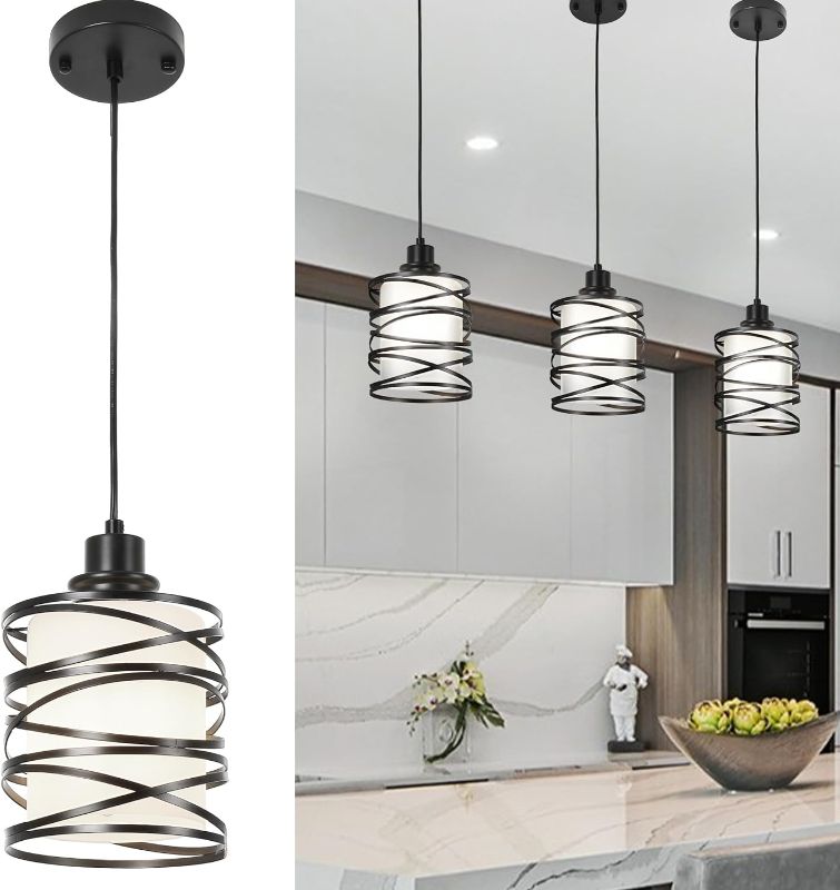 Photo 1 of Merbotin Frosted Glass Pendant Light Fixture, Mini Modern Kitchen Island Lighting w/Milk White Shade(6.29" Wx6.69 L), Industrial Hanging Light w/Black Spiral Cage for Dining Room, Adjustable
