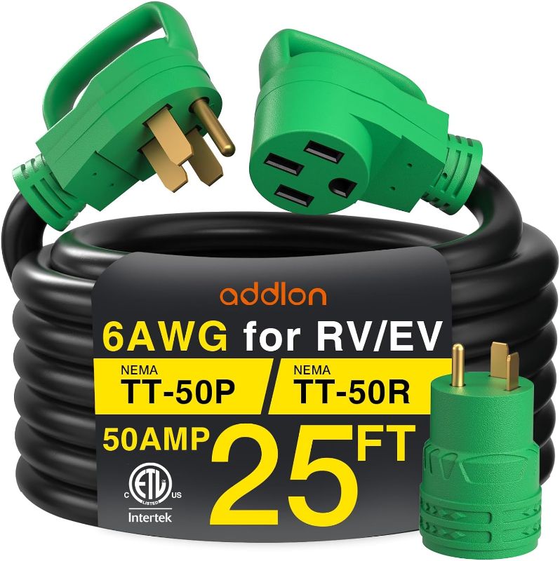 Photo 1 of addlon 50 Amp 25 Feet RV/EV Extension Cord with Adapter 30M/50F, Heavy Duty 6/3+8/1 STW AWG Gauge 4 Prong Power Cord, NEMA 14-50P to 14-50R, Tesla Model 3-S-X-Y,Black-Green, ETL Listed
