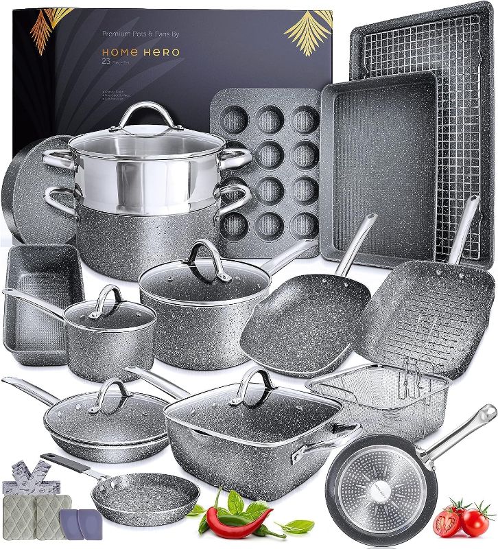 Photo 1 of Home Hero Pots and Pans Set Non Stick - Induction Compatible Kitchen Cookware Sets + Bakeware Sets - Non Stick, PFOA Free, Oven Safe Pot and Pan Set Nonstick (23 Pcs - Granite)
