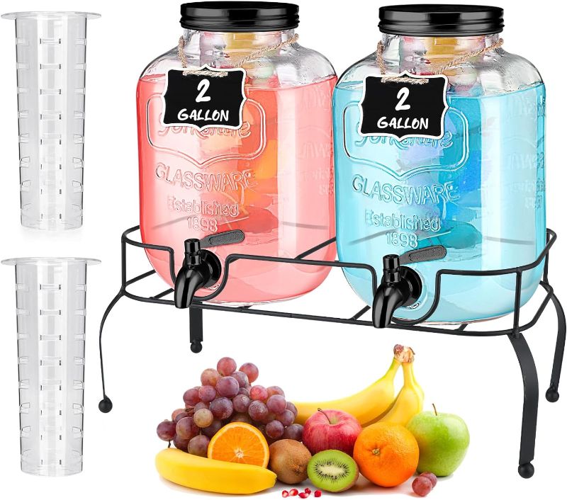 Photo 1 of Lallisa 2 Pcs 2 Gallon Glass Drink Dispenser with Stand Ice Cylinder Hanging Chalkboard Signs 18/8 Stainless Steel Spigot Beverage Dispensers for Parties Mason Jar Drink Lemonade (Black Spigot)
