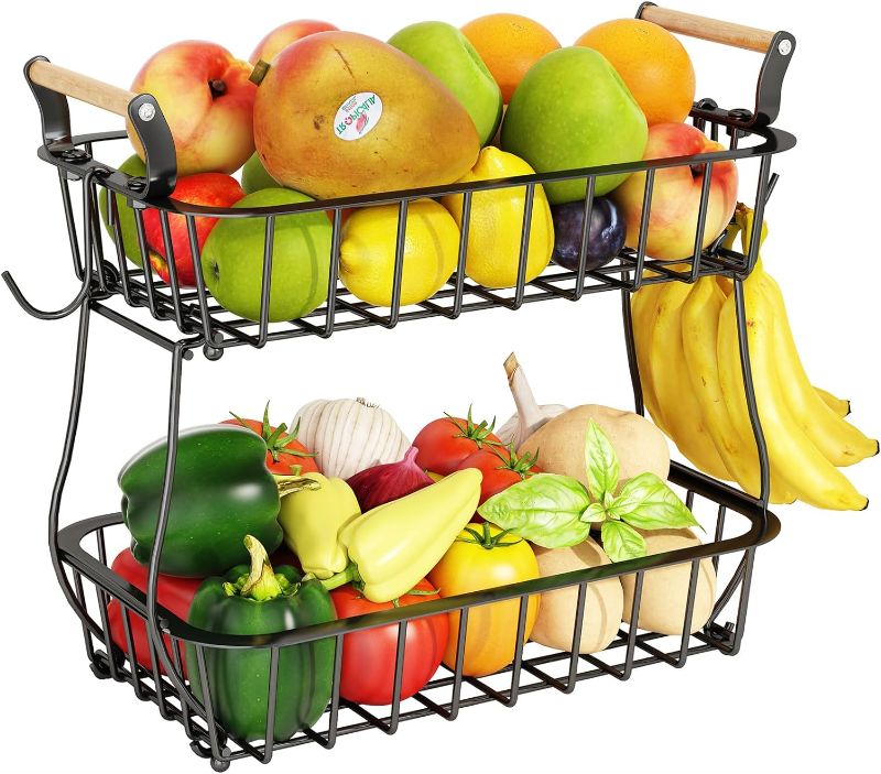 Photo 1 of ANTOPY 2 Tier Fruit Basket with 2 Banana Hangers, Countertop Fruit Vegetable Basket Bowl for Kitchen Counter Metal Wire Storage Basket Fruits Stand Holder Organizer for Bread Snack Veggies Produce
