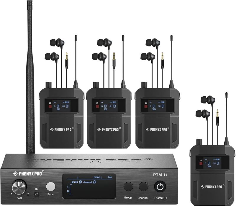 Photo 1 of Pro Wireless in Ear Monitor System,Dual in Ear Monitors for Musicians, Mono Stage Monitor, Metal IEM w/ 4 Bodypacks, 50 UHF Frequencies, Rack Mount, 164ft Range, for Studio/Band (PTM-11-4B)