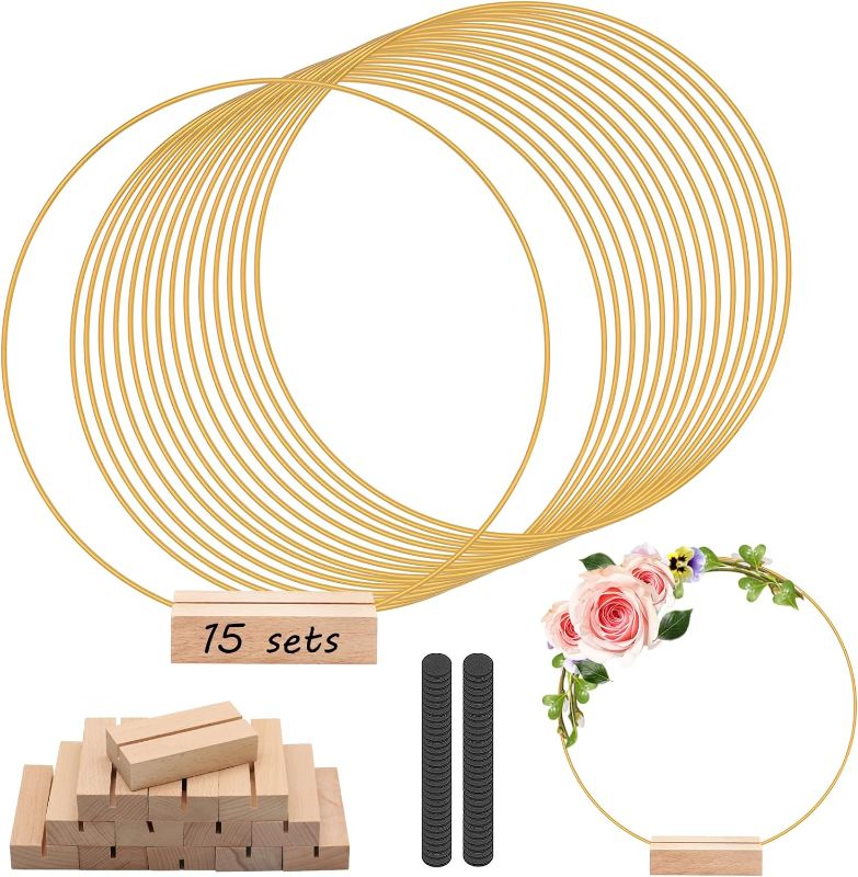 Photo 1 of 15Pcs 12 Inch Metal Floral Hoop Centerpiece with 15 PCS Wood Place Card Holders and Adjustable Foot Pads, Gold Wreath Macrame Hoop Rings Decorations for DIY Wedding Party Table Decor Dream Catcher
