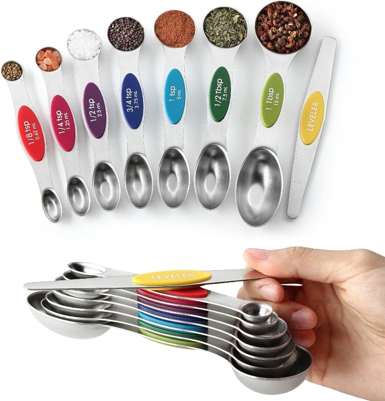 Photo 1 of Spring Chef Magnetic Measuring Spoons Set, Dual Sided, Stainless Steel, Fits in Spice Jars, Multi-Color, Set of 8, 2 Pack
