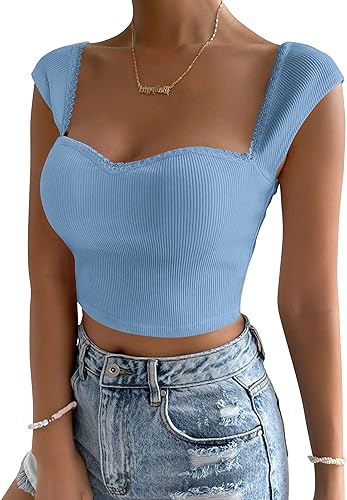 Photo 1 of BAIGRAM Women Sweetheart Neckline Crop Tee Top Ribbed Knit Lace Patchwork Cap Sleeve Y2k Vintage Casual Shirt
SIZE LARGE 