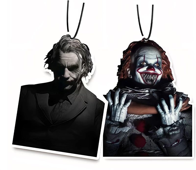 Photo 1 of 2Pcs Horror Joker Style Car Air Fresheners,2023 Xmas Tree Decor,The Nightmare Before Christmas,Black Ice Scent Air Fresheners Rearview Mirror Pendant,Scary Movies Party Hanging Ornament (B)
