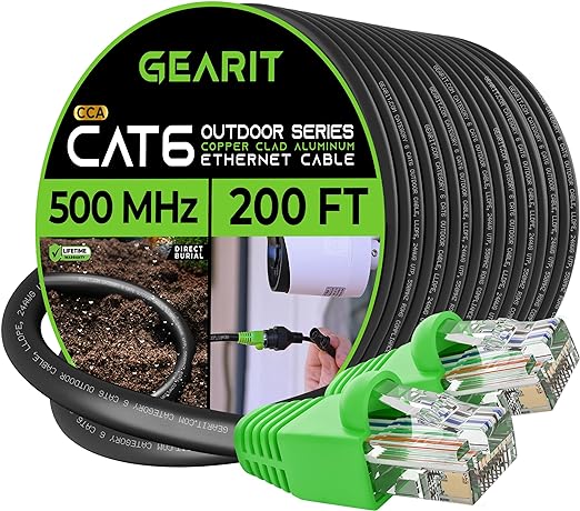Photo 1 of GearIT Cat6 Outdoor Ethernet Cable (200 Feet) CCA Copper Clad, Waterproof, Direct Burial, In-Ground, UV Jacket, POE, Network, Internet, Cat 6, Cat6 Cable - 200ft for Personal Computer 200 Feet Black