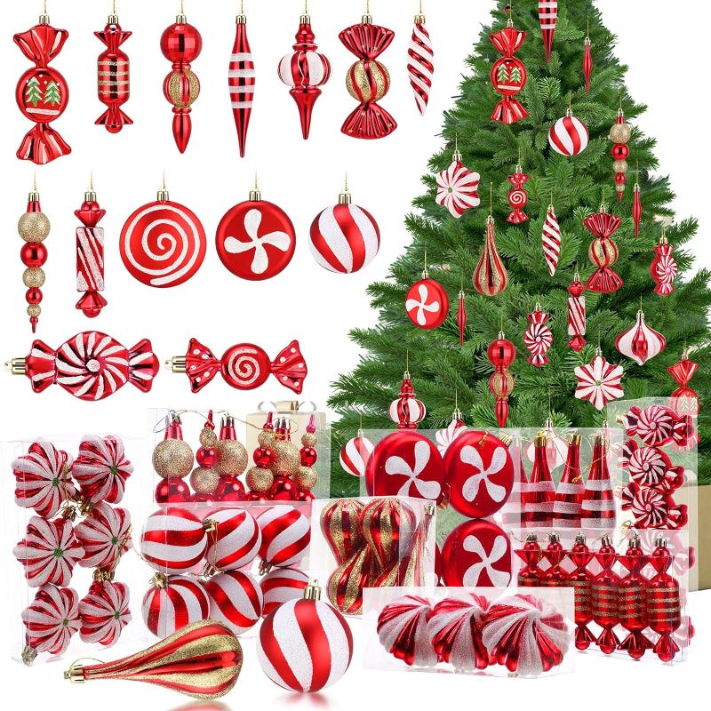 Photo 1 of Syhood 90 Pcs Christmas Candy Hanging Ornaments Xmas Tree Decorations Red White Christmas Hanging Ornaments Plastic Candy Ornaments for Holiday Christmas Party Decor, 18 Styles