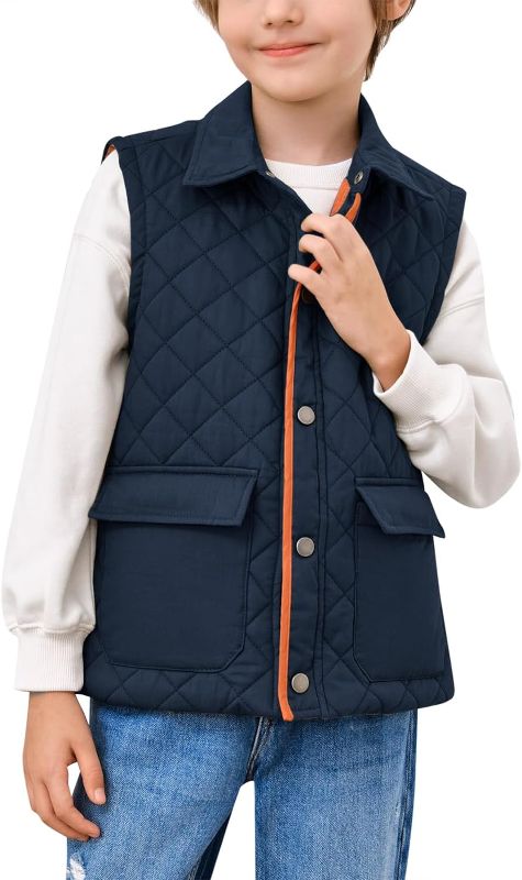 Photo 1 of Haloumoning Boys Quilted Vest Padded Sleeveless Single Breasted Warmth Outerwear Jacket with Pockets Navy Blue