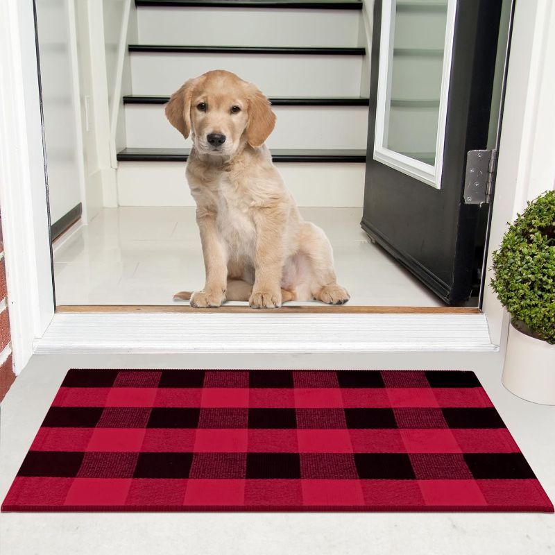 Photo 1 of Red and Black Buffalo Plaid Outdoor Rug - 24x36 - Cotton Buffalo Plaid Rug for Outdoor/Indoor Use - Washable Front Door Mat for Front Porch, Kitchen, Farmhouse Entryway