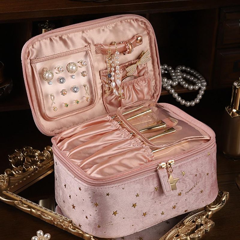 Photo 1 of 1pc Multifunction Pink Star Large Capacity Travel Storage Makeup Bag For Women Girls Storage Makeup Organizer Makeup Case