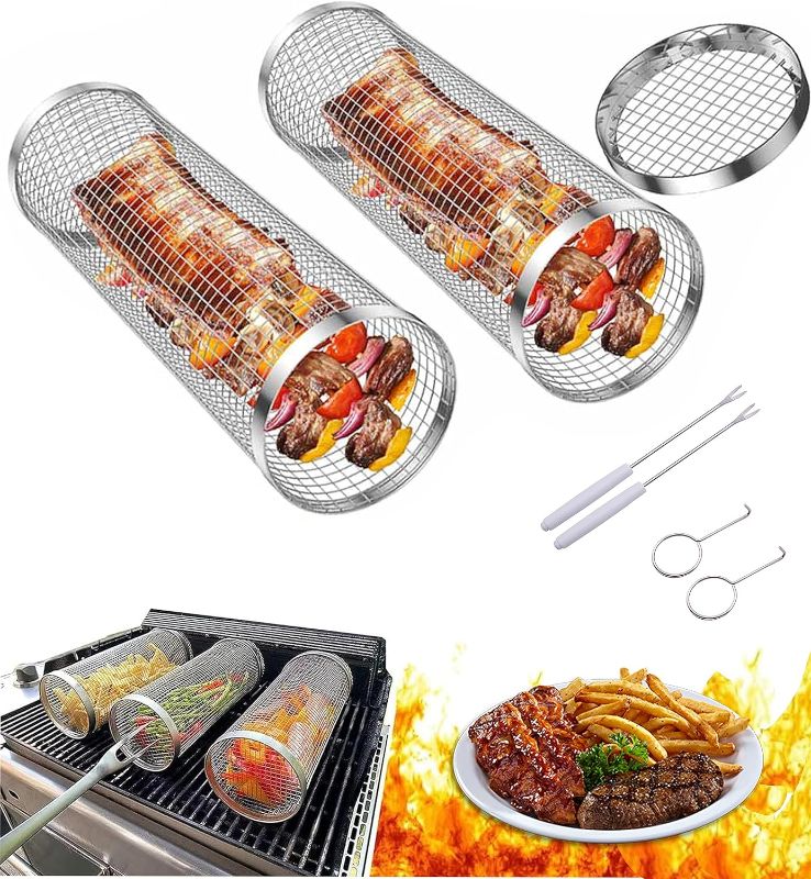 Photo 1 of 2 PCS Rolling Grill Basket, BBQ Grill Basket, Rolling Grilling Basket, Stainless Steel Barbeque Basket, Portable Grill Basket for Outdoor Grill for Fish, Shrimp, Meat, Vegetables, Fries