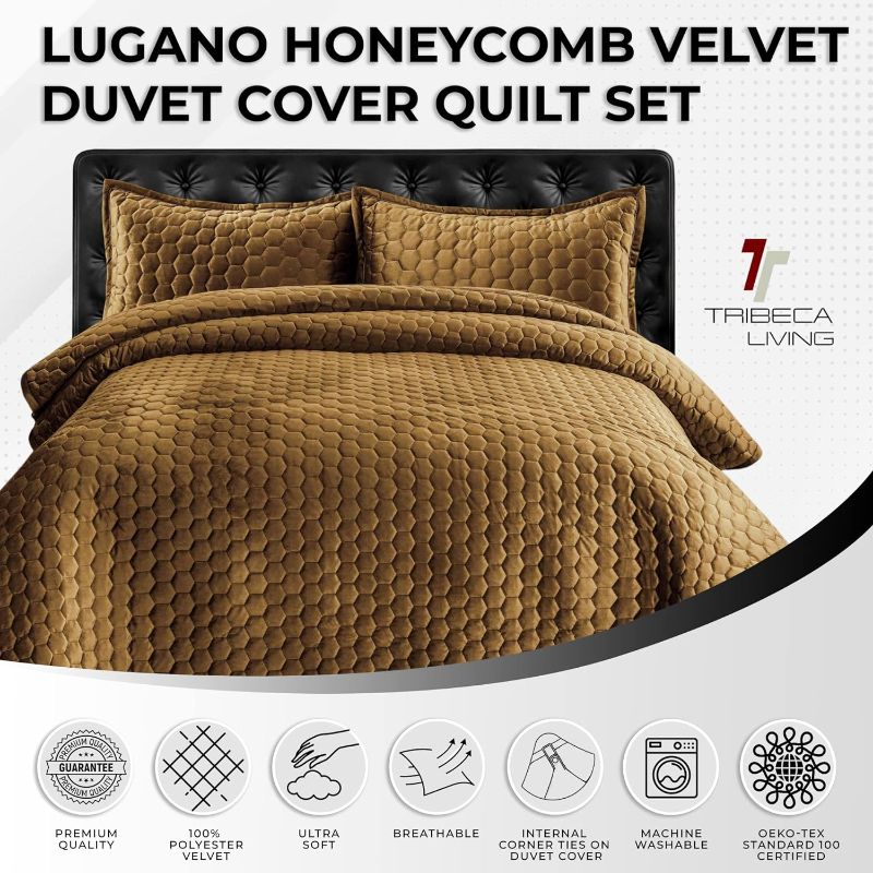 Photo 1 of Tribeca Living Velvet King Quilt, Three-Piece Honeycomb Stitch Bedding Set Includes One Oversized Quilt & Two Sham Pillowcases, 260GSM Super Soft Velvet, Lugano/Camel
