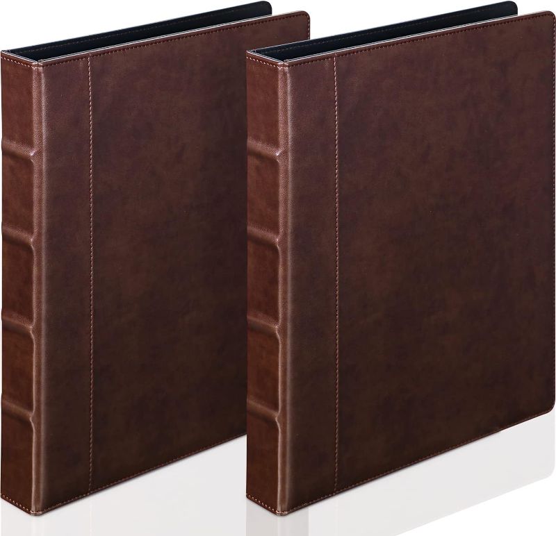 Photo 1 of 2 Pieces Vintage Hardback 3 Ring Binder Portfolio Organizer Round Rings Vintage Brown Leather Binder Organizer Holds 200 Sheets with 2 Inner Pockets(Brown,1 Inch)
