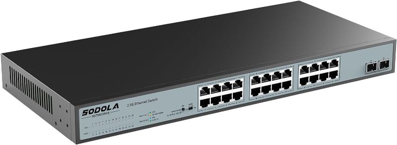 Photo 1 of SODOLA 24 Port 2.5Gb Umanaged Switch,24X2.5G Base-T Ports,2X10G SFP, 160Gbps Switching Capacity,Port Isolation,/IU Rack-Mount/Fanless/Plug & Play Multi-Gig Unmanaged Ethernet Switch

