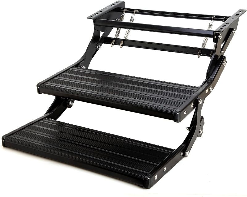Photo 1 of Homeon Wheels RV Steps Foldable Drop Down Double Manual Steps, One-Hand Expand or Collapse Anti-Slip Camper Ladders for Camping Travel Trailers, RV Accessories Black Powder Coat
