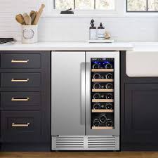 Photo 1 of 24 in. Dual Zone 18 Wine Bottles and 57 Cans Beverage & Wine Cooler in Silver Built in and Freestanding Blue LEDs
