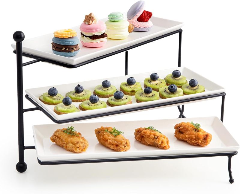 Photo 1 of Sweese 3 Tiered Serving Stand, Foldable Rectangular Food Display Stand with White Porcelain Platters - Serving Trays, Dessert Display Server for Brithday Party, Valentine's Day and Events
