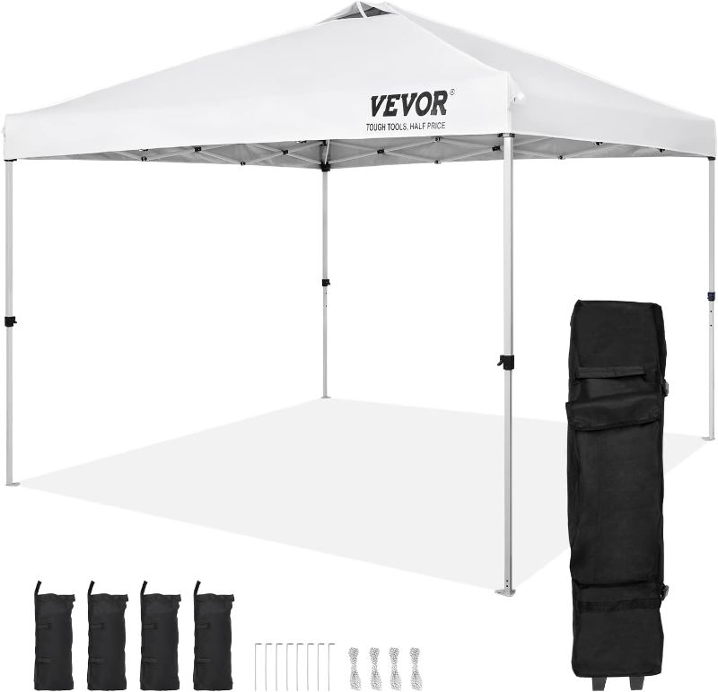 Photo 1 of VEVOR Pop Up Canopy Tent, 10 x 10 ft, 250 D PU Silver Coated Tarp, with Portable Roller Bag and 4 Sandbags, Waterproof and Sun Shelter Gazebo for Outdoor Party, Camping, Commercial Events, White
