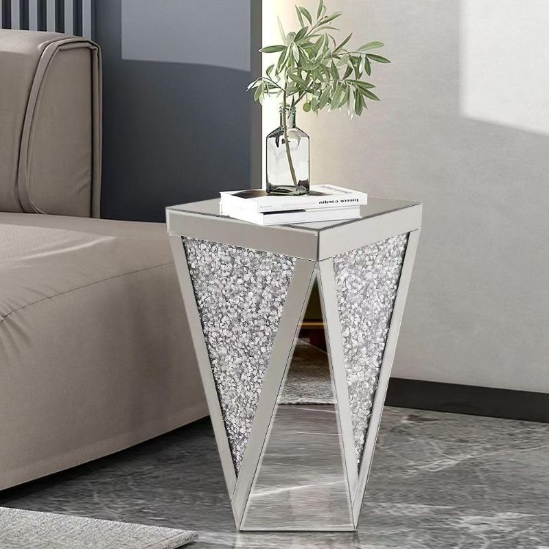 Photo 1 of Pregaspor Silver Mirrored End Table, Crystal Inlay Side Table Accent Table, Small Mirrored Coffee Table for Living Room, Bedroom, Corner, 22" H
