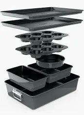 Photo 1 of 8-Piece Nonstick Stackable Bakeware Set - PFOA, PFOS, PTFE Free Baking Tray Set w/Non-Stick Coating, 450°F Oven Safe, Round Cake, Loaf, Muffin, Wide/Square Pans, Cookie Sheet (Black)