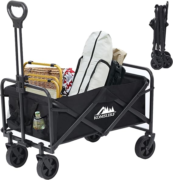 Photo 1 of KOMSURF Foldable Utility Wagons Heavy Duty Folding Grocery Cart on Wheels, 200 lbs Capacity with Side Pockets for Garden, Shopping, Sporting and Beach Outdoor Use
