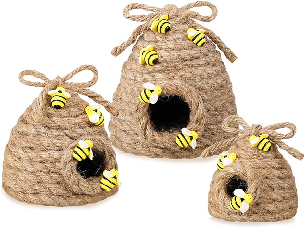 Photo 1 of Jutom 3 Pcs Bee Hive Decor Honey Bee Tiered Tray Decor Summer Spring Bee Decorations Mini Jute Beehive Farmhouse Kitchen Decor for Table Shelf Sitter Home Coffee Bar Themed Party (Vintage Color)
