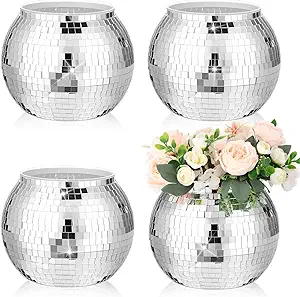Photo 1 of Yungyan 4 Pcs Disco Ball Flower Vase 8" Large Disco Ice Bucket Plastic Disco Party Champagne Ice Bucket Disco Ball Planter Vase Bulk for Wedding Table Centerpieces Birthday Party Christmas Decoration