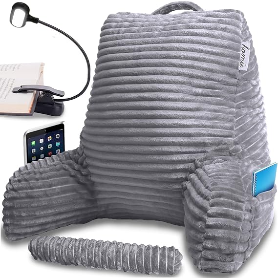 Photo 1 of Homie Reading Pillow with Reading Light and Wrist Support, Back Pillow with Support and Arms, for Bed Rest, Lounging, Reading, Working on Laptop, Watching TV (Gray)
