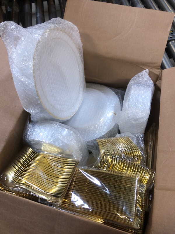 Photo 3 of Goodluck 150 Pieces Gold Disposable Plates for 25 Guests, Plastic Plates for Party, Wedding, Dinnerware Set of 25 Dinner Plates, 25 Salad Plates, 25 Spoons, 25 Forks, 25 Knives, 25 Cups